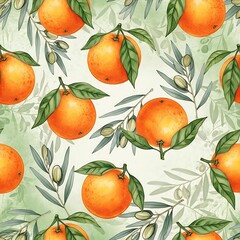 Obraz premium Vibrant Watercolor Oranges and Olive Branches Seamless Pattern.
