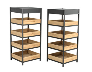 Two identical vertical shelving units with wooden trays and dark gray frames