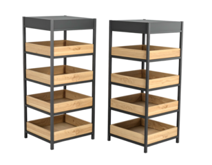 Two identical vertical shelving units with wooden trays and dark gray frames
