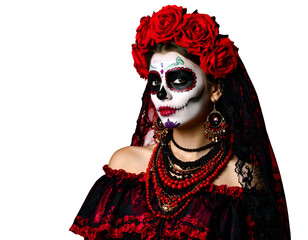 Portrait of a woman with skull face paint, floral headpiece, and intricate jewelry (1)