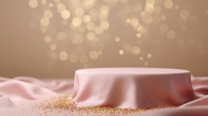 Elegant Product Display Podium with Flowing Fabric and Bokeh Lights for Luxury Brand Marketing