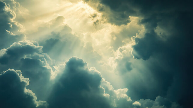 Majestic God Rays Piercing Through Clouds, Sky with Golden Light Beams Creating a Sacred Serene Atmosphere for Background, Wallpaper and Poster Design