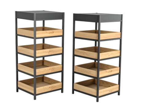 Two identical vertical shelving units with wooden trays and dark gray frames