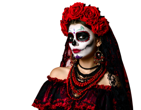 Portrait of a woman with skull face paint, floral headpiece, and intricate jewelry (1)