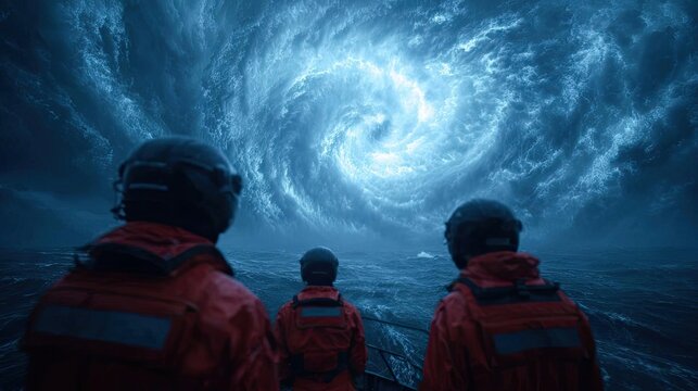 Emergency services rushing to natural disaster scene concept. A dramatic scene of stormy ocean and swirling galaxy above.