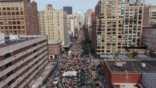 rising shot of No Kings protest in NYC on 10-18-25