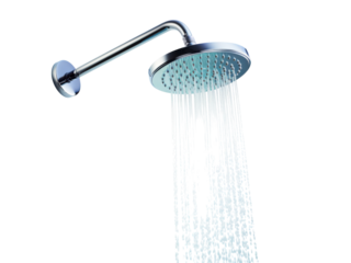 Chrome shower head with water streams falling against a black background showing droplets, Isolated On Transparent Background
