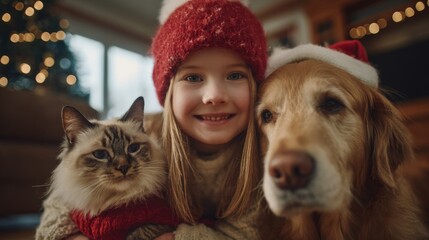 Festive Holiday Portrait of Smiling Girl with Cat and Dog Celebrating Christmas Together