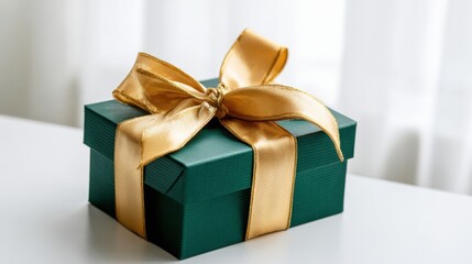 Fototapeta premium Elegant Green Gift Box with Golden Ribbon, Perfect for Celebrations and Special Occasions on white table