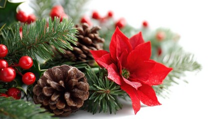 Festive Christmas Arrangement with Poinsettia, Pinecones, and Berries on White Background for Holiday Season