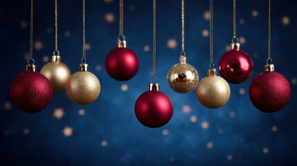 Elegant Christmas Ornaments Suspended Against a Blue Starry Backdrop, Festive Decoration for Celebrations