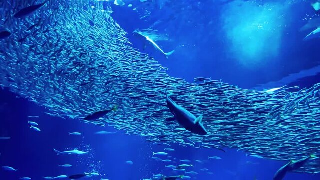 水族館　水中を泳ぐ魚の群れ　魚影