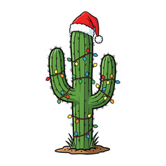 Cactus wearing santa hat and christmas lights