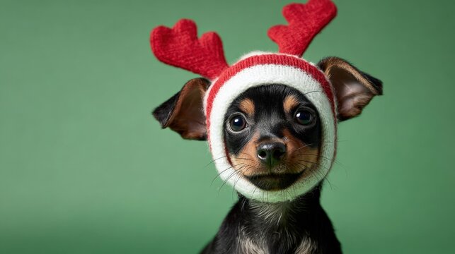 Adorable Miniature Pinscher Puppy Posing with Festive Reindeer Antlers and a Knitted Christmas Hat