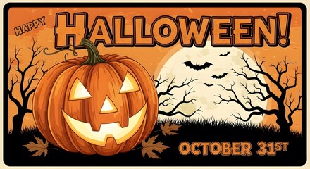 A spooky Halloween scene featuring a jack-o-lantern, bats, and bare trees under a full moon on October 31st