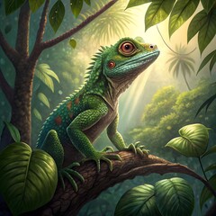 green iguana on the tree