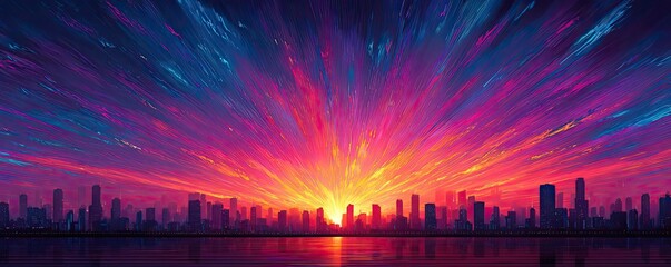 Panoramic cityscape with 5G and 6G networks twilight concept. A vibrant sunset over a city skyline with colorful cloud patterns.