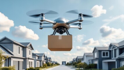 A drone carrying a package flies over a residential street.  Modern, suburban homes line the street.  Clear sky with fluffy clouds