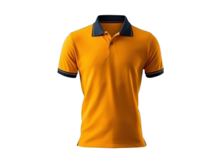 Isolated yellow polo shirt with navy blue collar and sleeve trim on black background, Isolated On Transparent Background