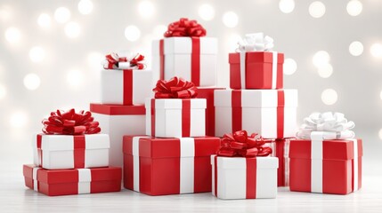 Obraz premium Festive Pile of Christmas Gifts Wrapped in Red and White Ribbons with Bokeh Lights