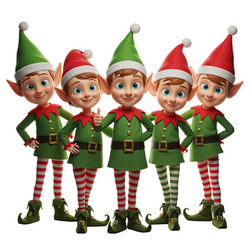 Five cheerful cartoon elves dressed in festive christmas outfits with pointed hats and striped tights isolated on transparent background