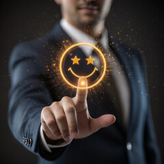 Businessman pressing smiley face touch screen and Business Service Satisfaction concept