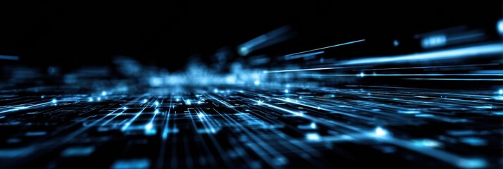 Digital scene displays shimmering blue light trails extending towards a distant horizon against a black background, evoking speed and innovation in technology.