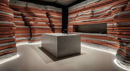 Contemporary kitchen island with unique layered wall design and minimalist aesthetic