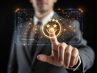Businessman pressing smiley face touch screen and Business Service Satisfaction concept
