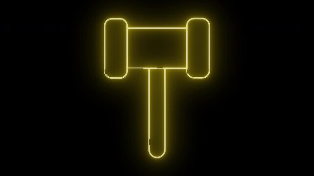 A yellow neon outline of a hammer with a rounded head  handle centered against a black background