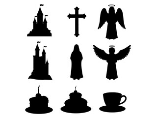 Collection of Silhouettes Castle, Cross, Angel, Cake, and Coffee Cup on a White Background