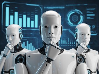 Three humanoid robots pondering with a digital interface in the background