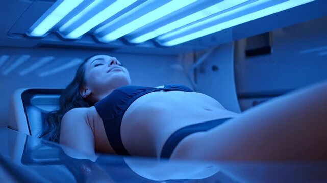 Woman Undergoing Phototherapy Treatment for Skin Conditions in Blue Light Tanning Bed for Dermatology and Cosmetology Uses With Black Bikini and Healthy Skin for Aesthetic Purpose