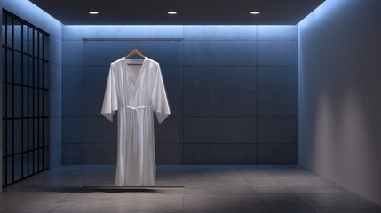 Floating White Gown on Clear Hanger in Modern Gallery Space with Soft Lighting