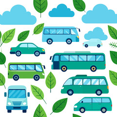 Seamless Pattern of Sustainable Transport with Buses, Cars, and Eco-Friendly Elements for a Green Future