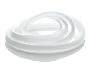 White, circular, layered object with fluid, flowing lines against a black background