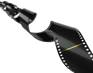 Curving glossy black filmstrip with sprocket holes, gold lines, and a dark background