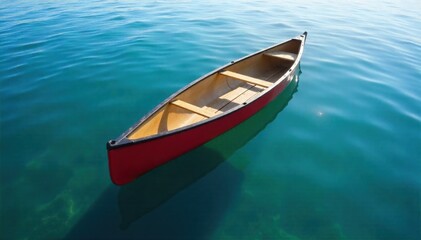 Naklejka premium Close up of a weathered canoe paddle resting in a calm sunset lit lake, water ripples. A close up shot of a single, weathered wooden canoe paddle resting on the surface of a calm lake at sunset.