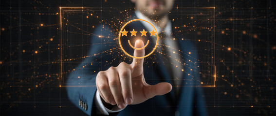 Businessman pressing smiley face touch screen and Business Service Satisfaction concept