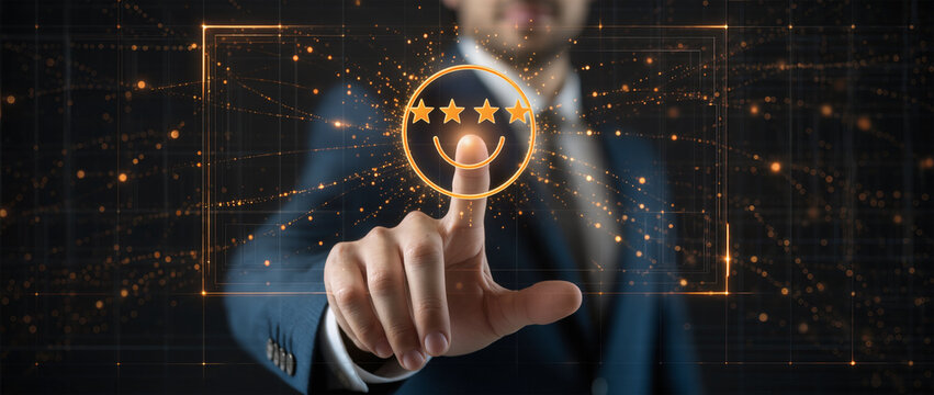 Businessman pressing smiley face touch screen and Business Service Satisfaction concept