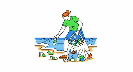 An illustration of a person cleaning up plastic bottles and trash from a sandy beach near the ocean.