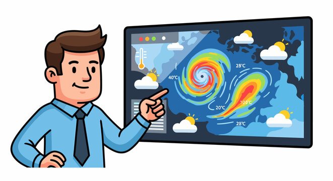 A cartoon meteorologist presenting a detailed weather map showing a hurricane, temperatures, and cloud forecasts on a large screen.