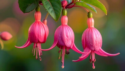 Trio of vibrant pink flowers with dangling stamens and a blurred background