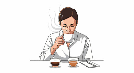 An illustration of a person in a white shirt tasting a hot beverage from a cup, with two glasses of drinks and a smartphone on the table.