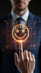 Businessman pressing smiley face touch screen and Business Service Satisfaction concept