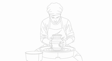 Line drawing of a person shaping clay on a pottery wheel, creating a ceramic pot in a creative workshop setting.