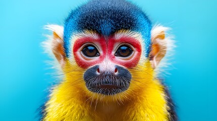 Fototapeta premium Close up portrait of a vibrant Black capped Squirrel Monkey with striking blue red and yellow facial markings against a bright blue background