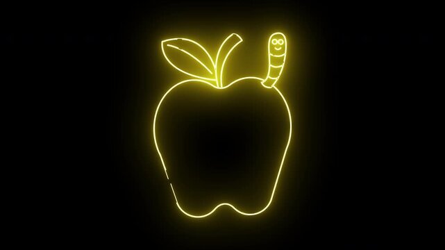 A yellow neon outline of an apple with a smiling worm emerging from the top against a black background