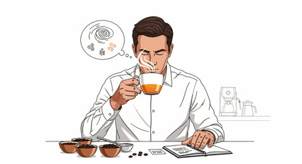 A man in a white shirt is intently smelling a cup of hot coffee, surrounded by coffee beans and cupping bowls, indicating a professional coffee tasting or sensory evaluation session.