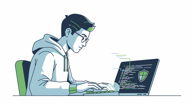 An illustrated young man wearing glasses and a hoodie, focused on typing code on a laptop with a security shield icon on the screen.